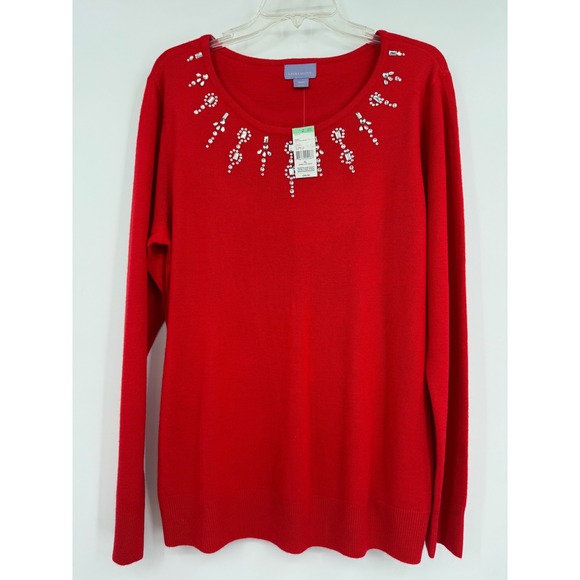 Laura Scott Red Dress Up Embellished Long Sleeve Office Sweater Preppy Holiday - Picture 1 of 7